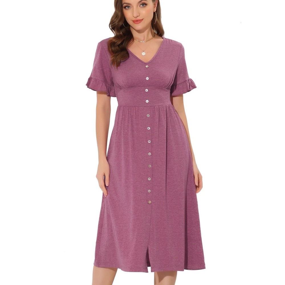 Allegra K V Neck Button Front Ruffle Sleeve Midi Dress Fuchsia XL